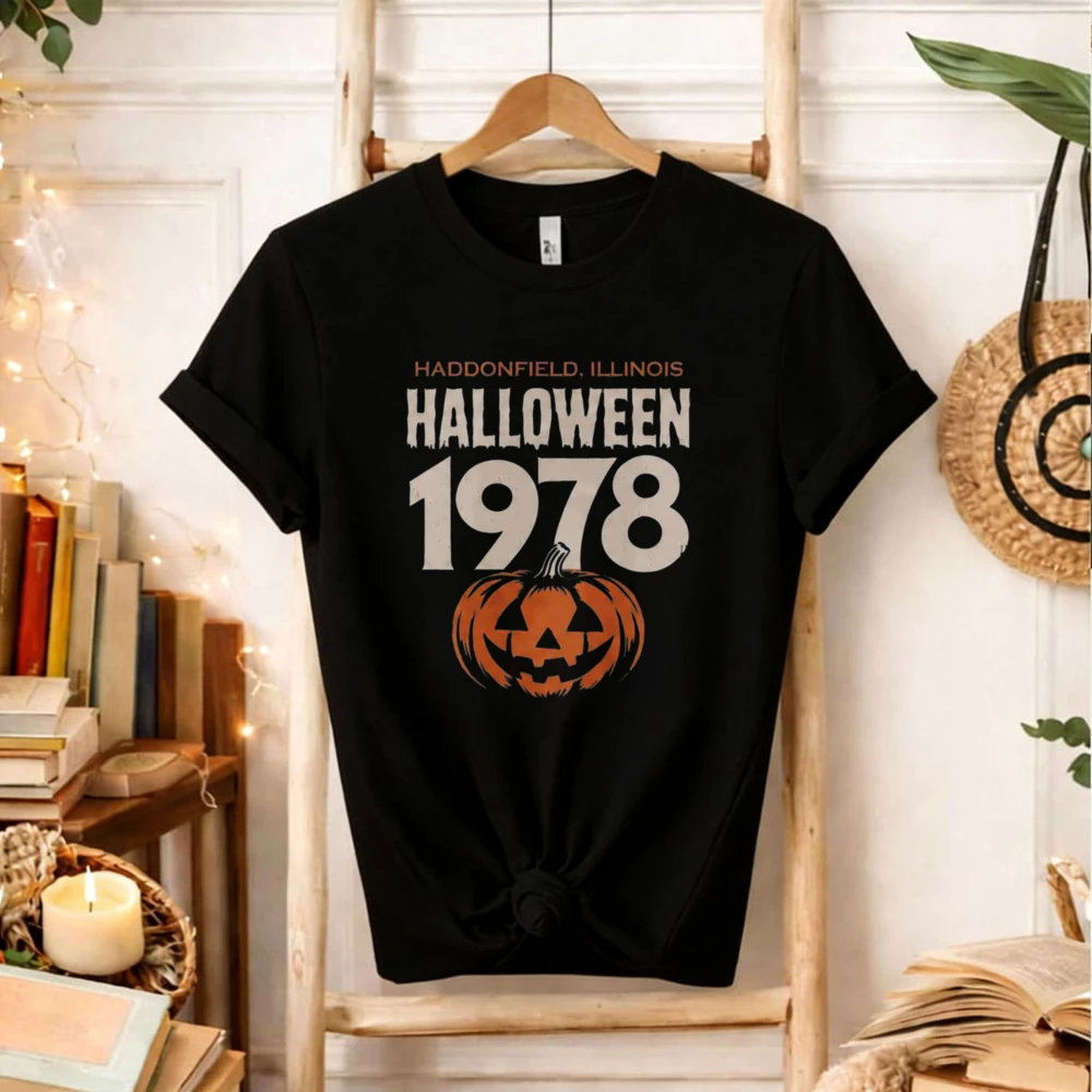 Haddonfield Illinois Halloween 1978 Graphic T‑Shirt Horror Movie Pumpkin Jack‑o‑Lantern Distressed Spooky Holiday Casual Tops