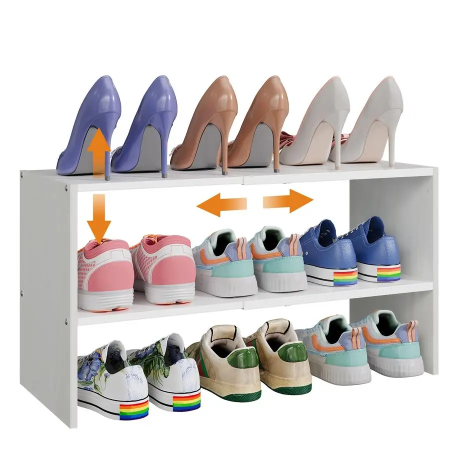 

2Tier Shoe Rack Organizer for Closet, Expandable and Adjustable White Shoe Rack, Stackable Iron Wood Combination Shoe Storage Sh