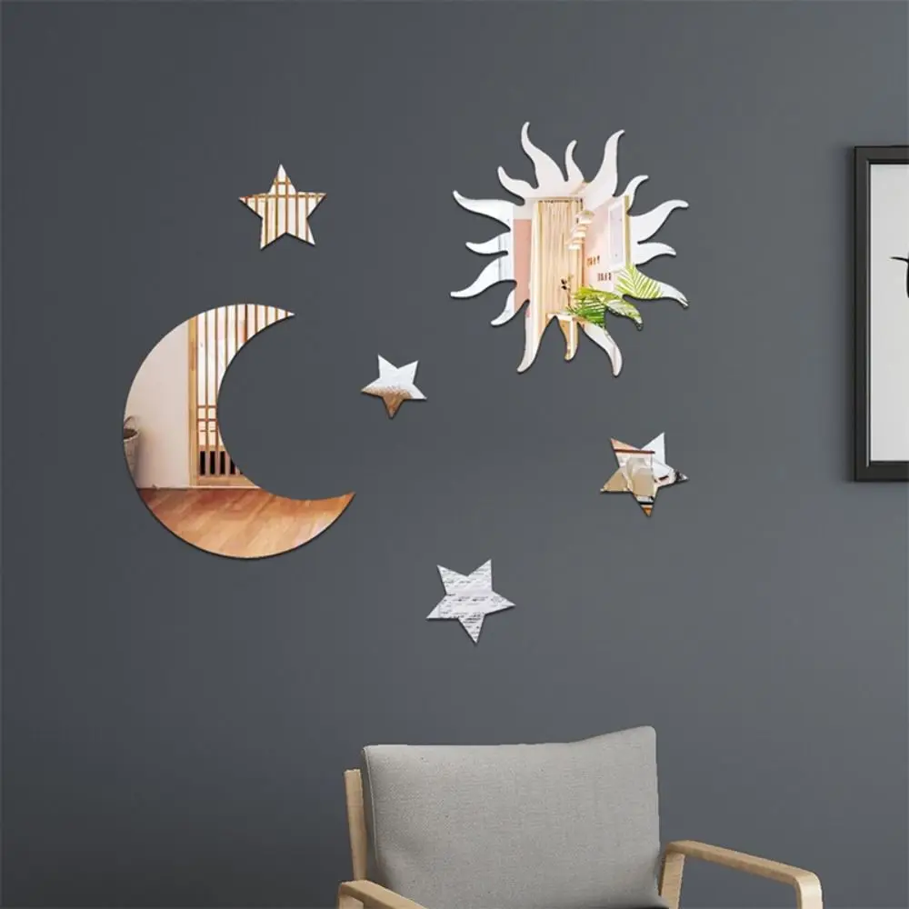 6pcs/set Easy Use Mirror Star Mirror Wall Sticker PVC DIY Moon Combination Decal Star Moon Mirror Art Decal Ramadan