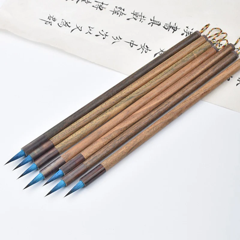 2PCS Blue Hair Calligraphic Brush Soft Hair Chinese Traditional Writing Brush Wood Holder Painting Brush Small Regular Script