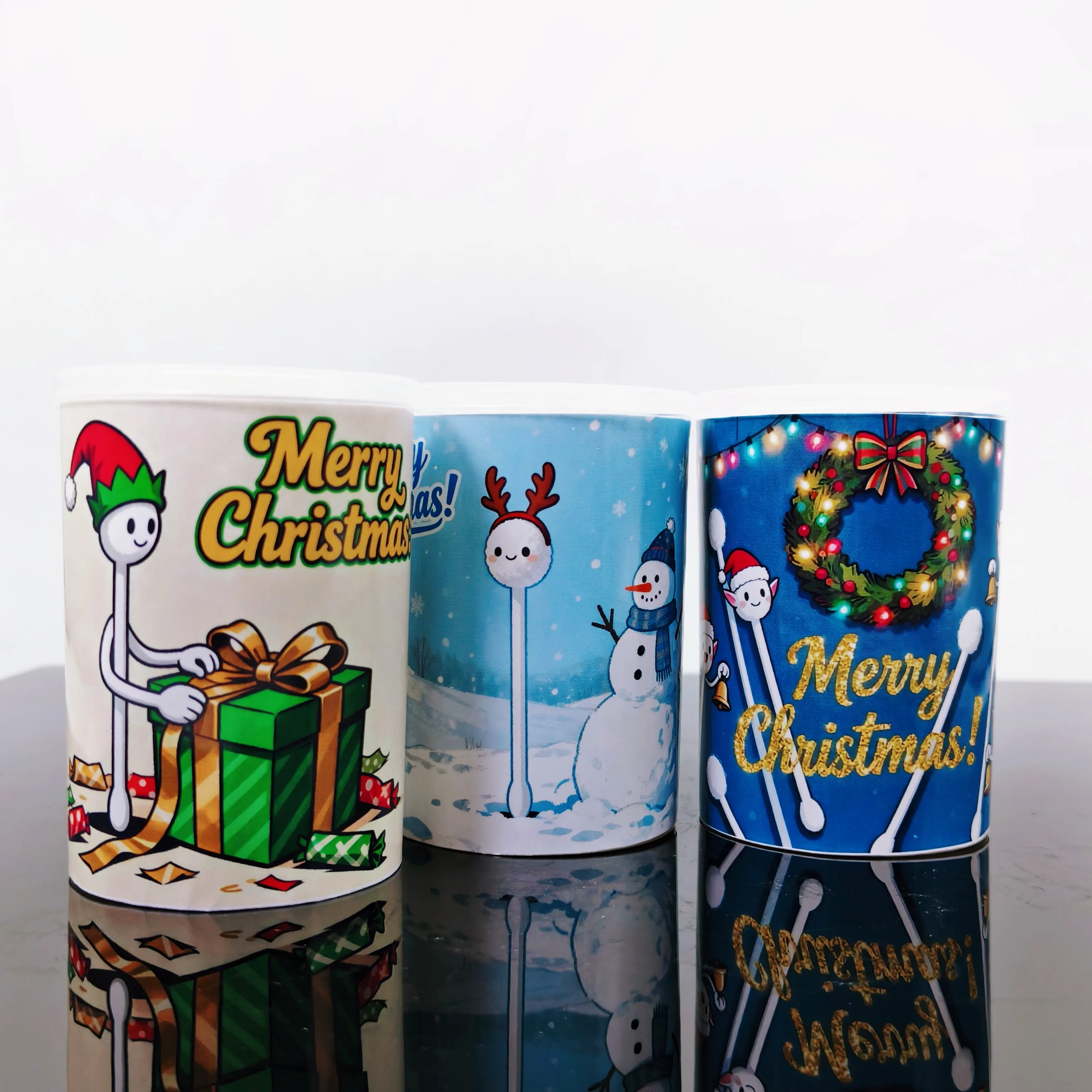 300개/500개 크리스마스 테마 양면 두꺼운 면봉과 둥근 스푼, 창의적인 크리스마스 요소 면봉 스틱