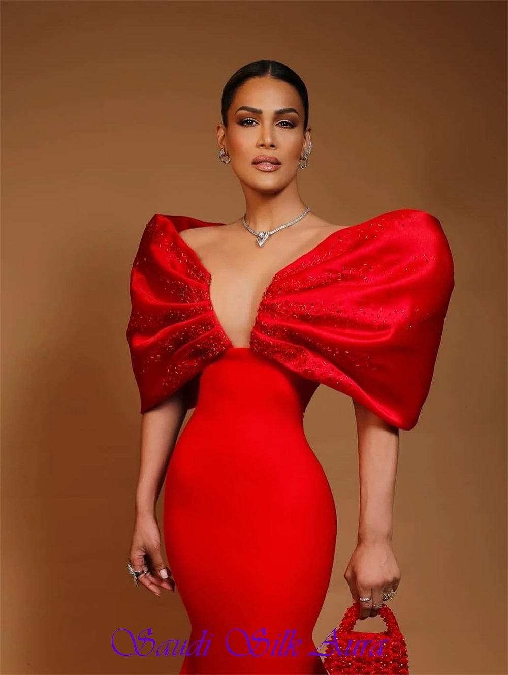 فستان سهرة أنيق من الجيرسيه الأحمر مخصص رسمي برقبة على شكل حرف V قبالة الكتف فستان الحفلات الناعم حورية البحر ذيل محكمة فستان العودة للوطن