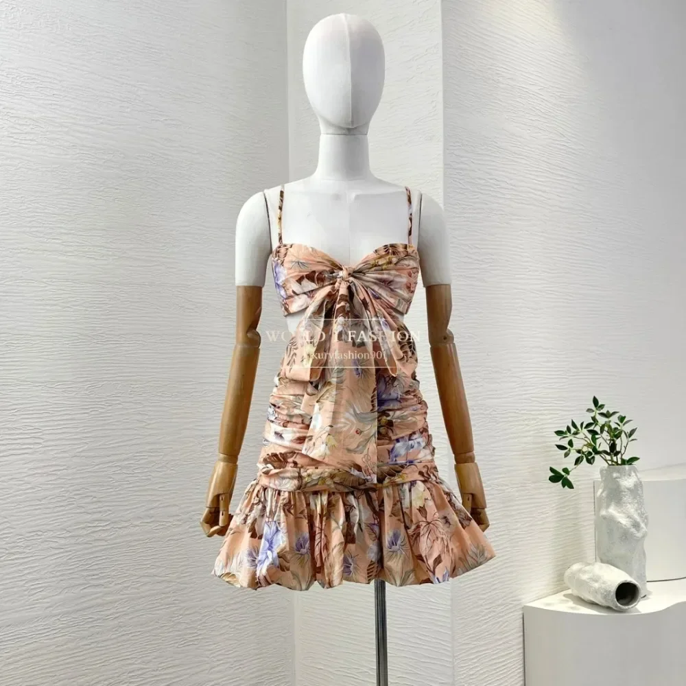 

Pure Cotton 2025 Beach Style High Quality Pink Floral Print Sleeveless Pleat Backless Mini Dress for Women