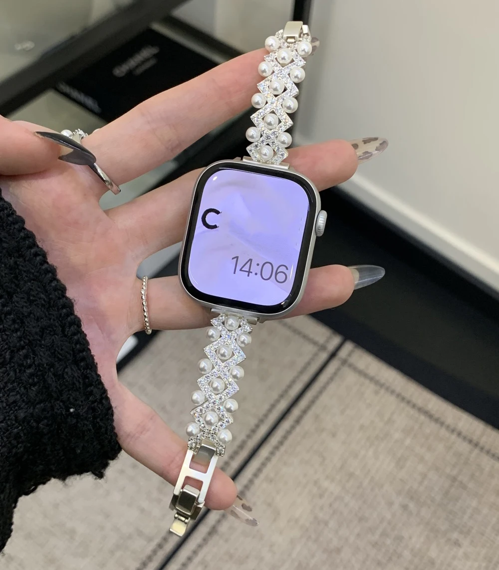 

Bracelet Strap For 38 40mm 41mm 42mm 45mm 46mm 49mm Watch Luxury Pearl Diamond Band For IWatch Ultra 10 9 8 7 6 5 4 Woman Pearl