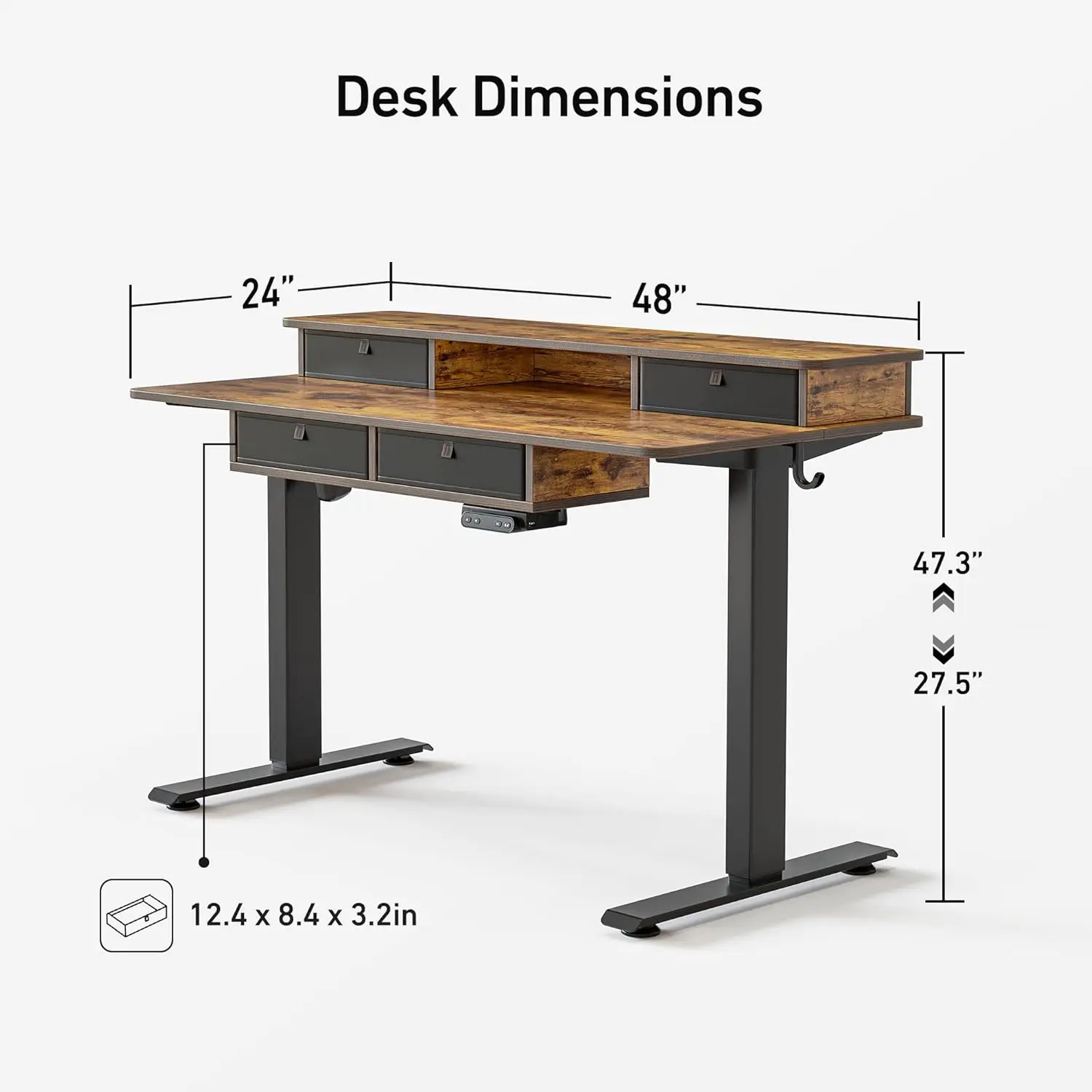 FEZIBO 48 x 24 elektrisch sta-bureau, in hoogte verstelbaar met 4 laden, zit-sta-bureau met opbergplank, stijgend bureau met spli