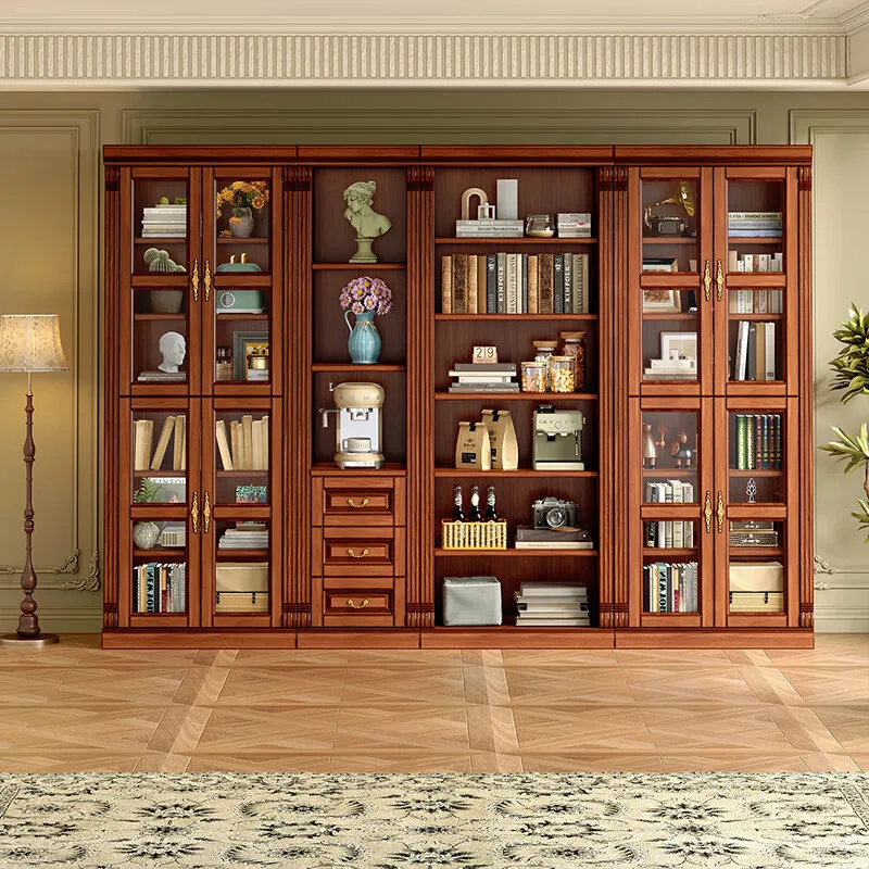 

PYJ retro solid wood bookcase study combination mahogany glass door integrated drawer storage locker
