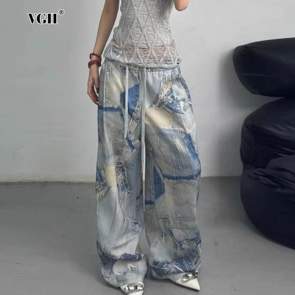 

VGH Hit Color Printig Loose Pants For Women High Waist Spliced Drawstring Minimalist Casual Straight Trouser Female Fashion New