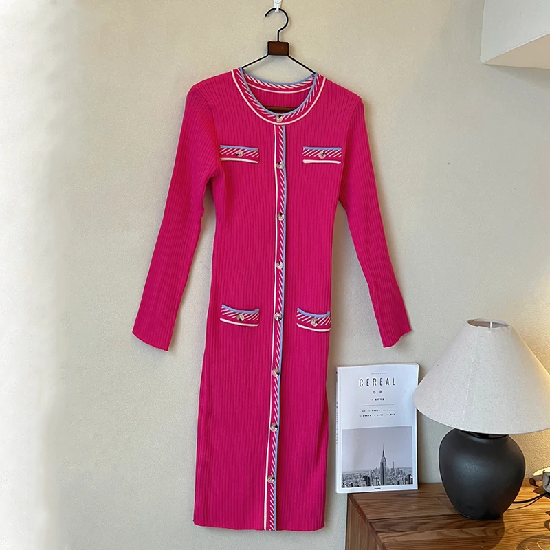 الربيع الرجعية المرأة واحدة الصدر محبوك فساتين موضة جديدة س الرقبة طويلة الأكمام الإناث سترة Bodycon فساتين رداء #6