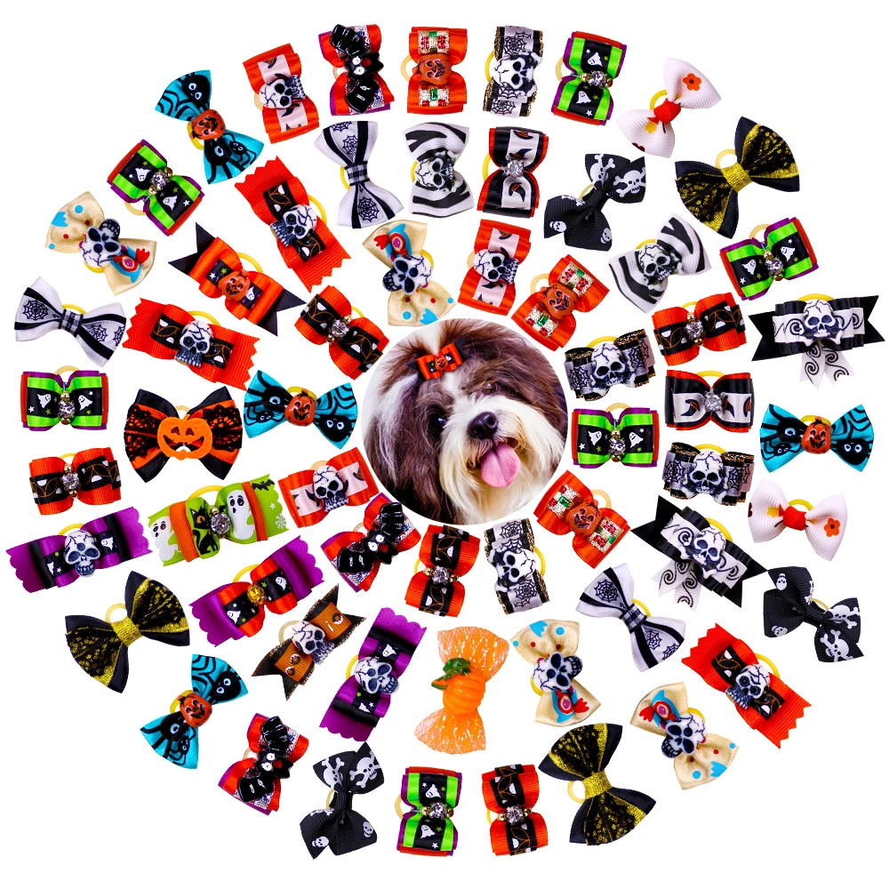 

40 шт., искусственные банты для волос на Хэллоуин, для маленьких собак, кошек, черепов, тыкв, аксессуары для волос
