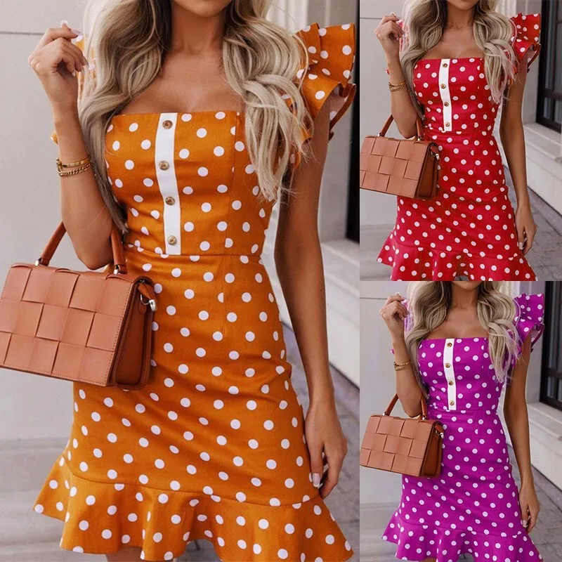 FD976 Women's 2023 Summer Elegant And Fashionable Flying Sleeves High Waist Slim Fit Mini Polka Dot Dress