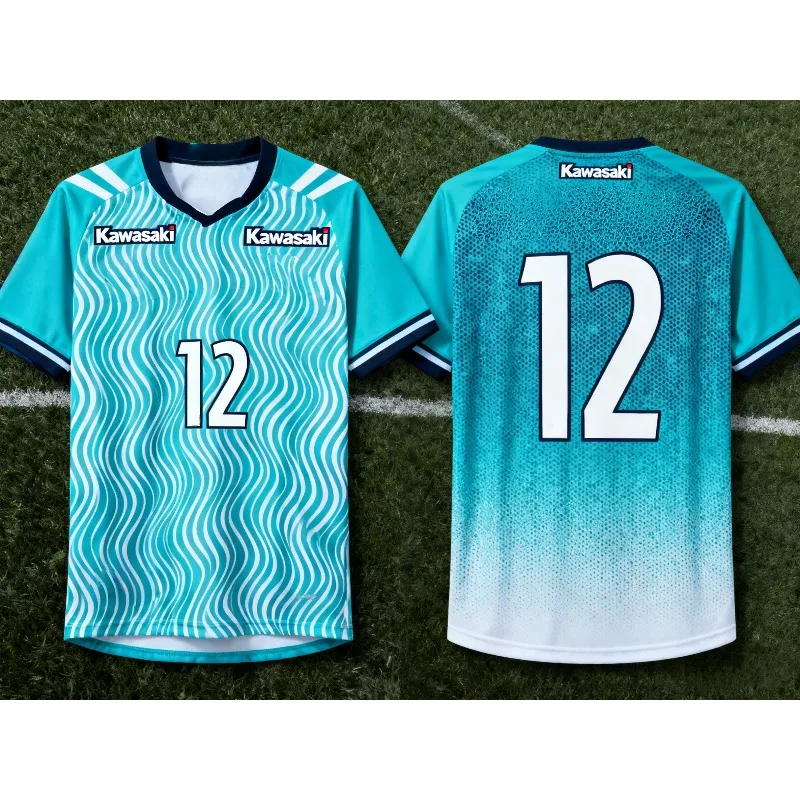 "Kawasaki Turquoise Short - Sleeve Jersey with Wave Pattern and Number 12 - Best Seller"