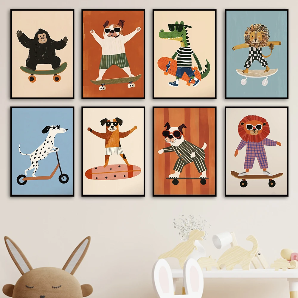 مضحك الحيوانات كول الأسد الكلب سكوتر الغوريلا سكيت الملصقات يطبع جدار الفن قماش الحضانة صور للطفل غرفة الاطفال ديسمبر #1
