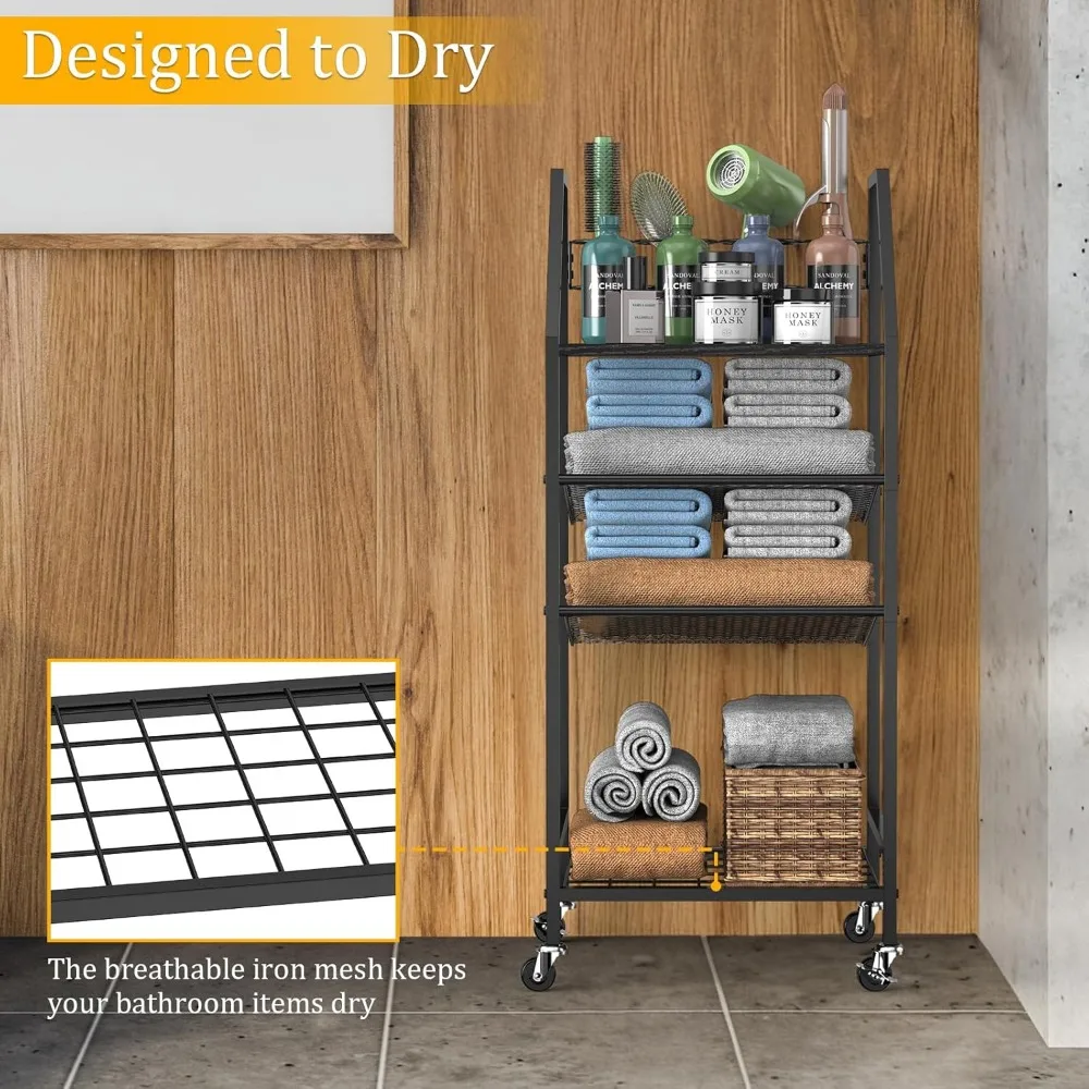 4-Tier Towel Rack Free Standing with Hair Tool Organizer, Durable Metal Towel Holder for Bathroom, Pool Towel Rack, Space-Saving