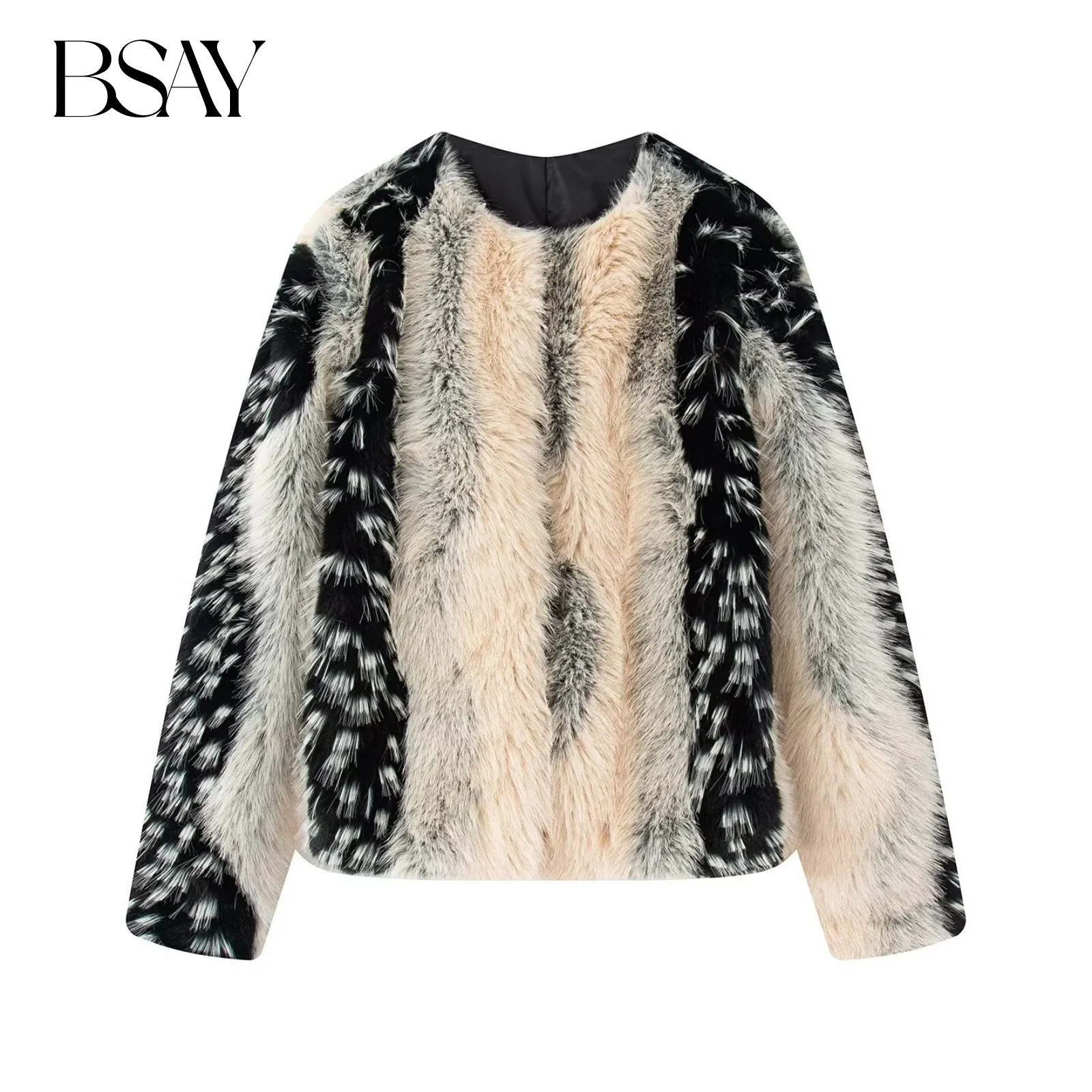 

BSAY пальто с эффектом искусственного меха для женщин, модное осенне-зимнее новое короткое пальто с длинными рукавами и круглым вырезом на скрытых пуговицах