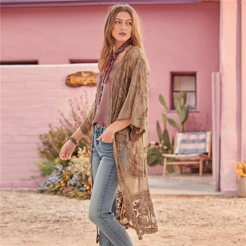 Boho Strand Floral Spitze Cover-ups Robe Für Frauen Strickjacke Lange Bikini Cover Up Kleider Urlaub Böhmischen Vestidos