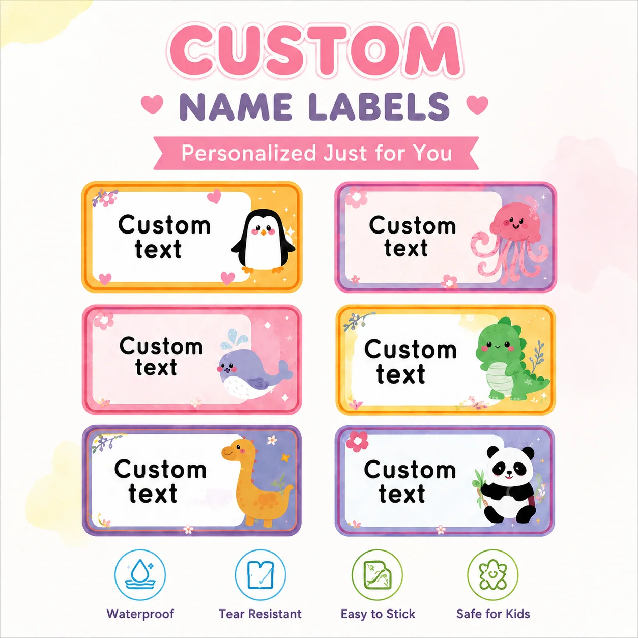 Customized Back-To-School Season Name Stickers, Personalized Labels for Schools, Offices, Water Bottles, and Pencils - Cute Watercolor Animal Name Stickers, Non-Curling Adhesive Waterproof Name Tags for School Classrooms, Backpacks, Luggage, Back-To-School Gifts for Sons and Daughters
