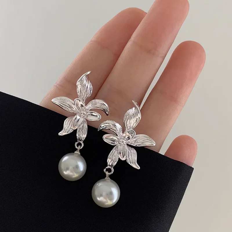 Gray Color Chinese Orchid Earrings Fashionable Orchid Imitation Pearl Earrings Wedding Party Accessories Wholesale