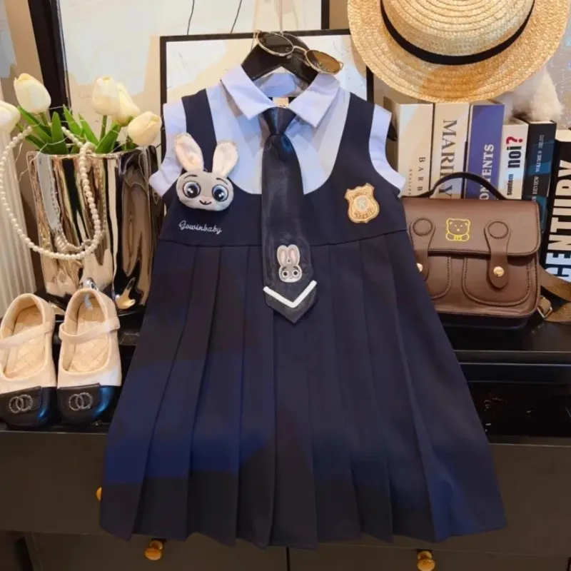 

TOY-2025Summer New Girls' Bunny Officer Academy Style Pleated Skirt Fake Two-PiecejkSleeveless Dress
