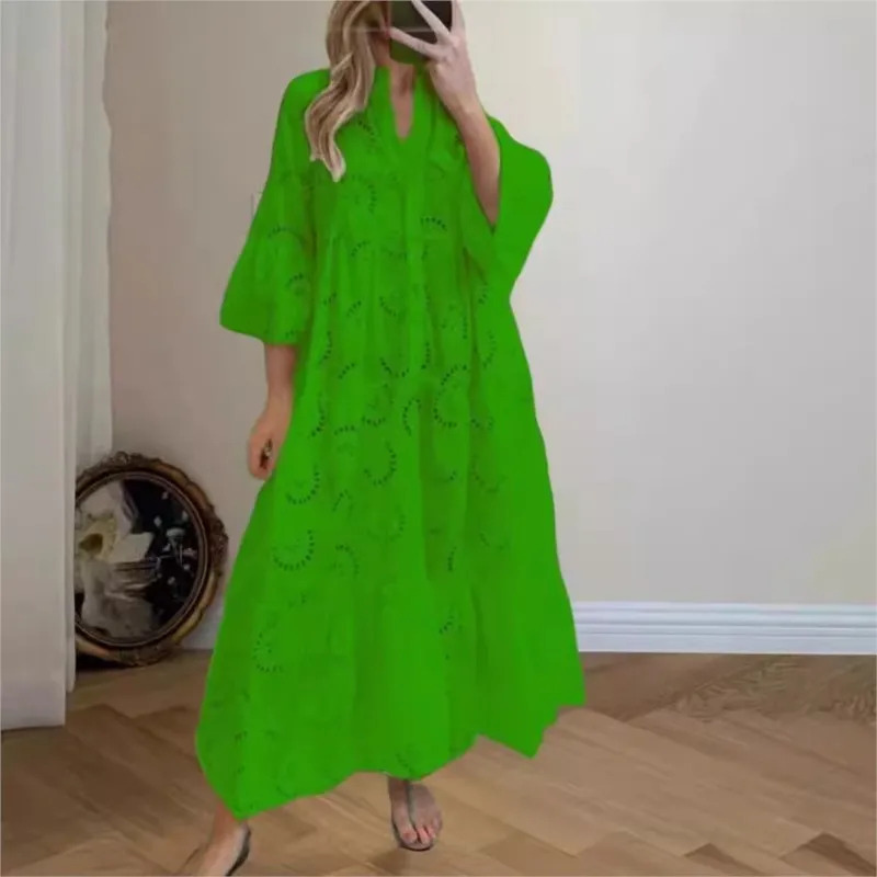 2025 Hollow Out Jacquard Lace Dress Women's Summer Elegant V-neck Flare Sleeve Solid Long Dress Casual Loose Boho Party Vestidos