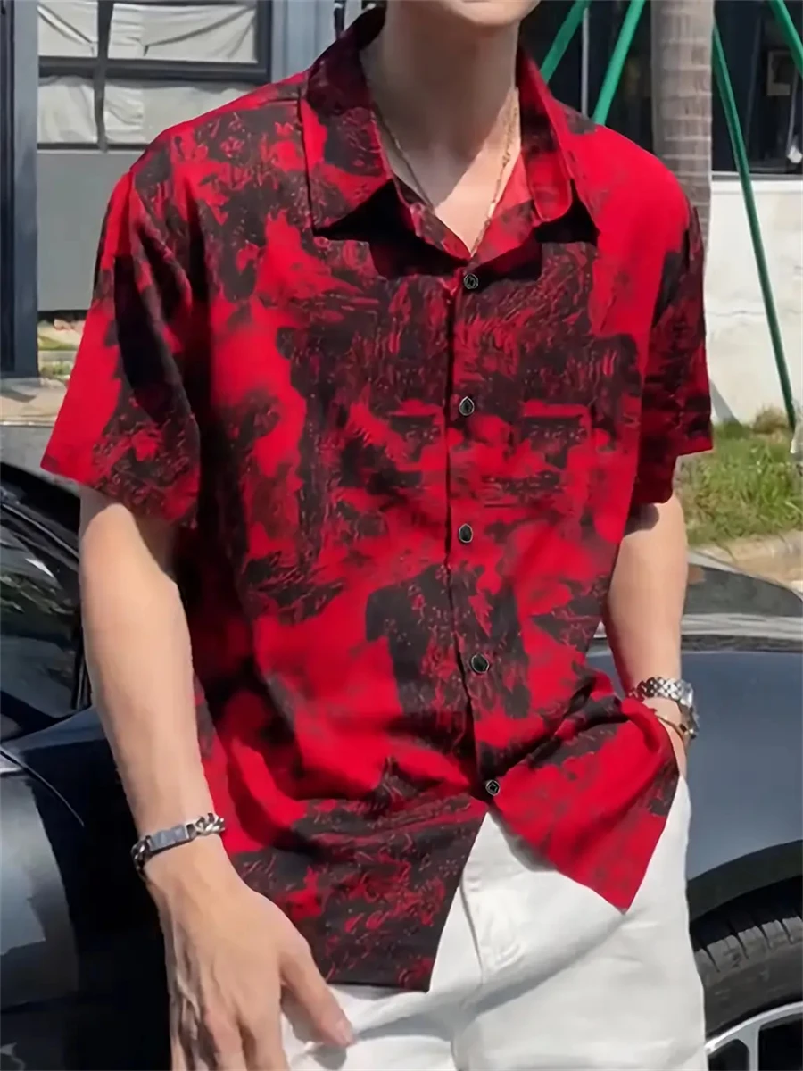 قميص صيفي للرجال مطبوع بأكمام قصيرة لقضاء العطلات الصيفية والسفر، مريح وخفيف وغير رسمي طية صدر السترة للرجال بمقاسات كاملة