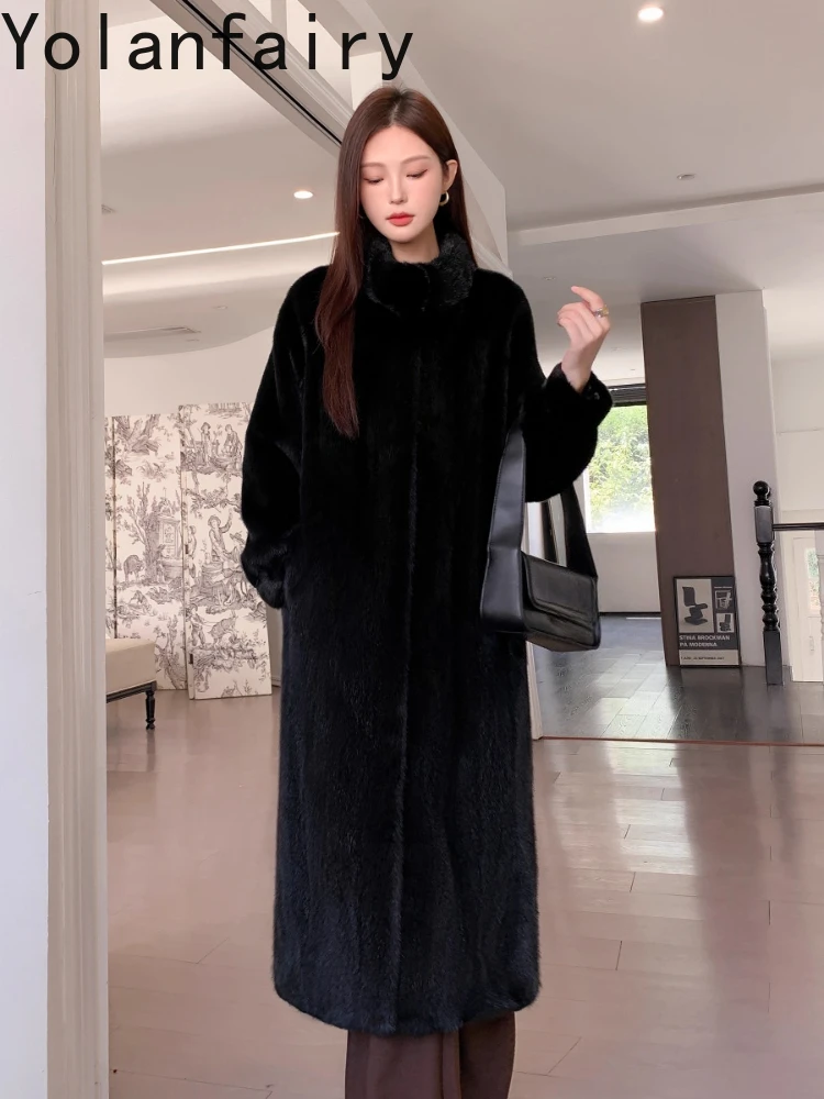 YOLANFAIRY معطف فرو طبيعي فاخر سترات منك للنساء شتاء 2025 معاطف فرو أسود حقيقي متوسط الطول من المينك الكامل بياقة واقفة