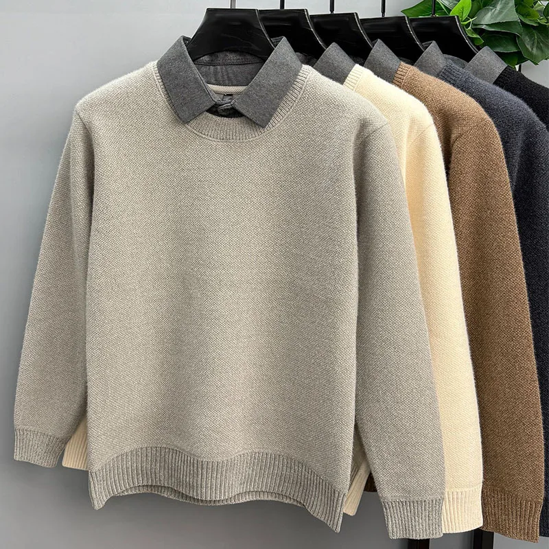 

Men Fake Two-Piece Sweaters Autumn Winter Thicken Warm Knitted Pullovers Solid Color Tops Male Long Sleeve Lapel Velvet Knitwear