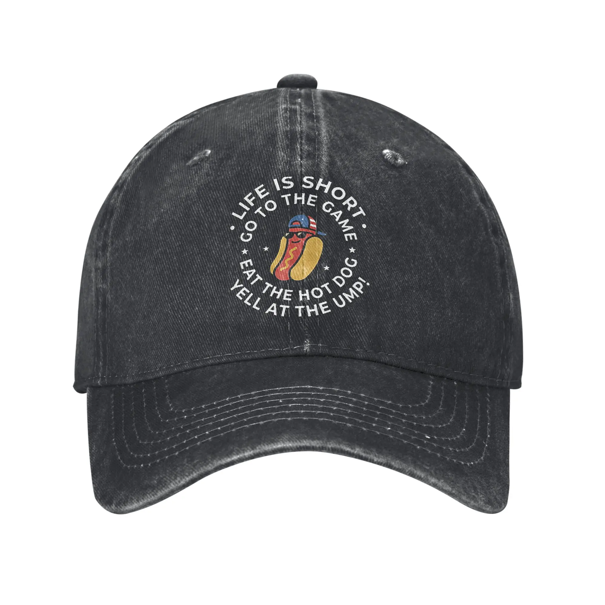 Unisex Life is Short Go to The Game Eat The Hot Dog Yell At The Ump Print Hat Vintage Distressed Washed  Baseball Cap Adjustable