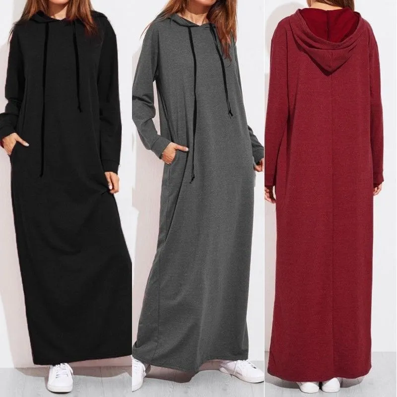 

Autumn hooded sweater long sleeved women's clothing new fashion simple retro hooded dress winter solid color pocket casual robe