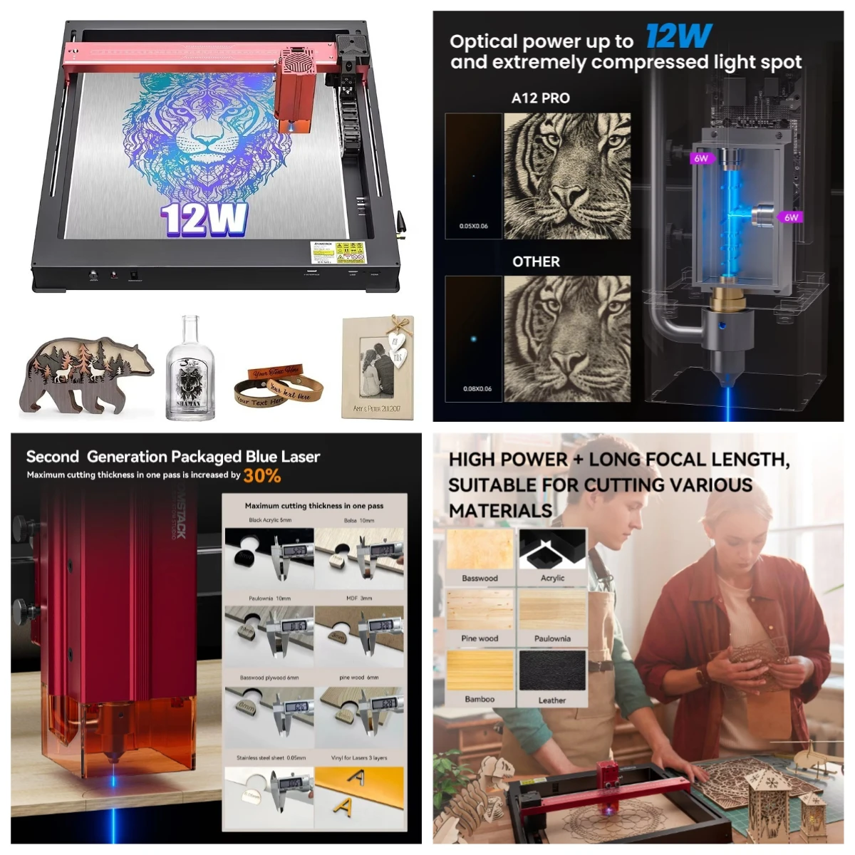 

A12 X12 Pro Engraving Machine 12W Output 600MM/S Unibody Frame Cross Positioning Tank Chain Blue Lazer Engraver