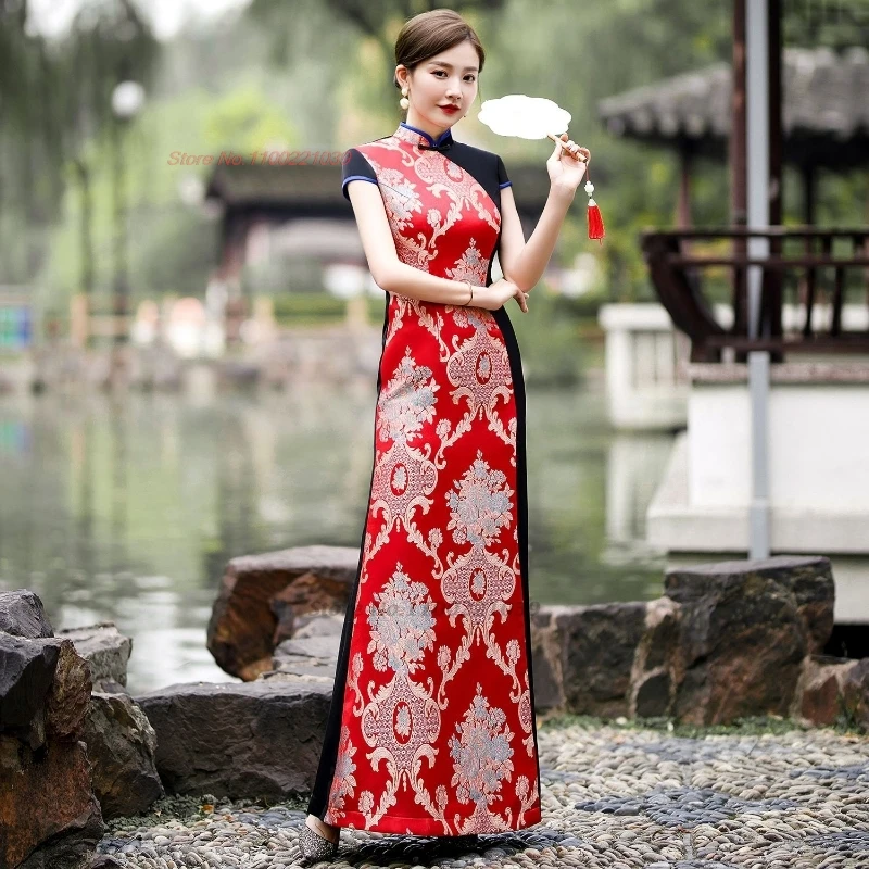 

2025 chinese vintage dress improved cheongsam national flower print patchwork qipao traditional evening banquet dress vestido