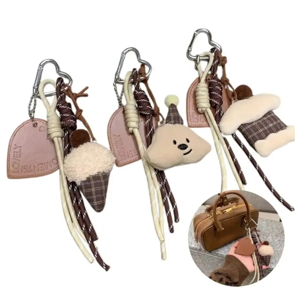 Plaid Bear Keychain Cake Ice Cream Braided Rope Keyring Bag Charm Cute Creative Backpack Hanging Decoration Plush