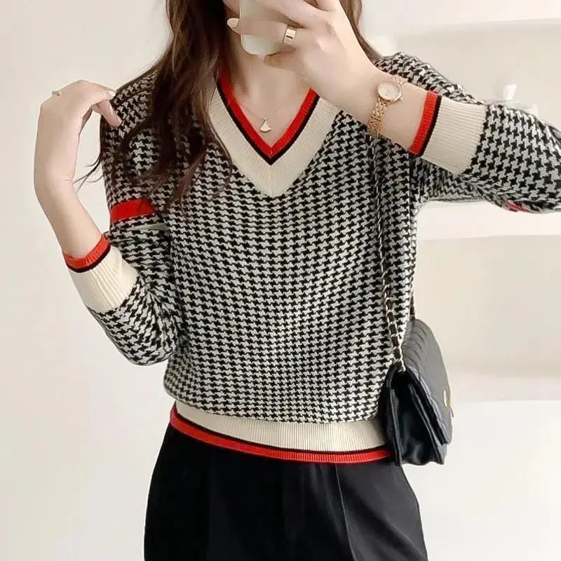 Autumn Korean Plaid Knitting V-neck Long Sleeve Pullovers Women Clothes All-match Patchwork Loose Sweater Ladies Casual Top Tee