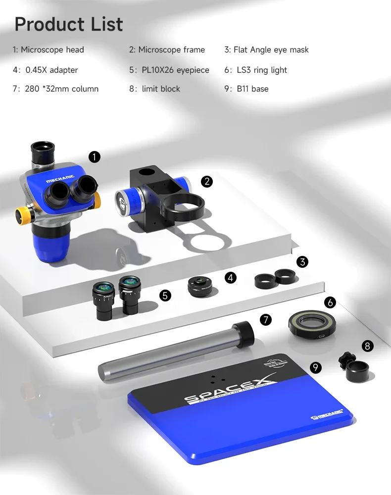 SpaceX-B11 Trinocular Stereo Microscope 6.5X-52X Continuous Variable Magnification New BGA Chip Repair Tool Motherboard Repair