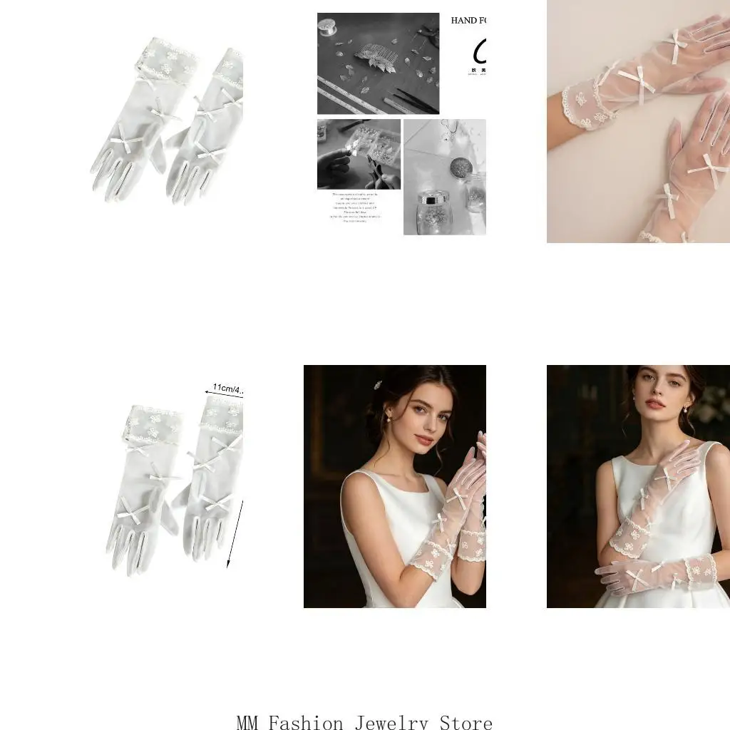 Wedding Gloves Formal Dress Handwear with Ribbon Bowknot and Lace Trim for Bride D0UB