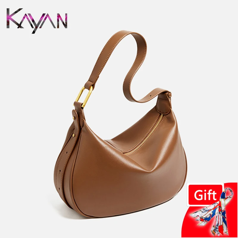 New Versatile Second Layer Cowhide Women Underarm Shoulder Hobo Bag Luxury Design Genuine Leather Female Crossbody Handbag