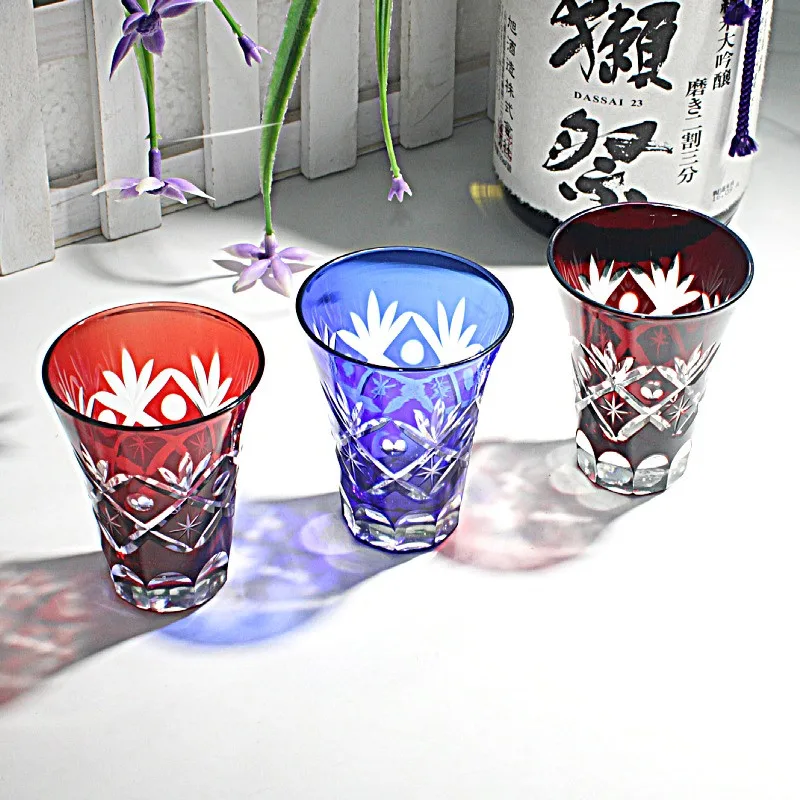 Japanese Sake/Beer Glass Wine Cup Handcarved Edo Dice Craftsman Birthday Present & Wedding Gift Home Party Use Blue/Red 50-110ML