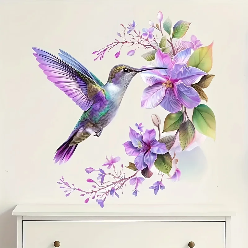 1 Purple Flower and Hummingbird Sticker, Removable Self-Adhesive Wall Decal, Suitable for Room Bedroom Wall Background Stickers