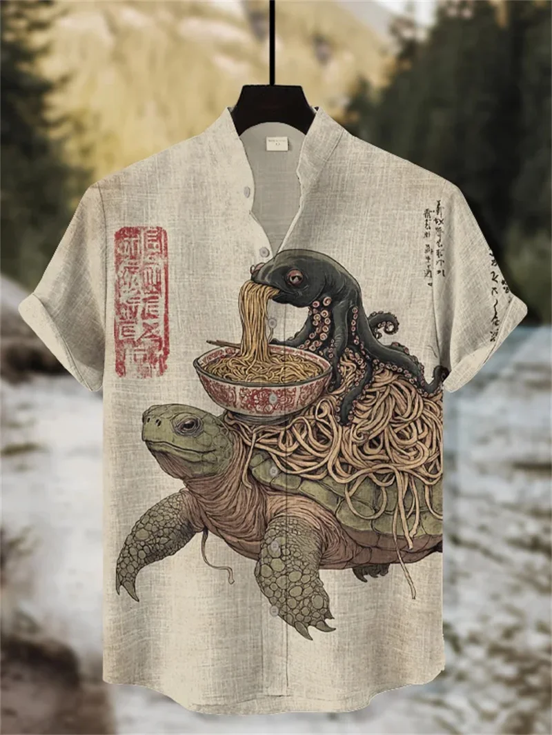 

New Men's Short Sleeve Lining Vintage Art Black Cat 3D Samurai Printed Shirt Short Sleeve Button Linen Top