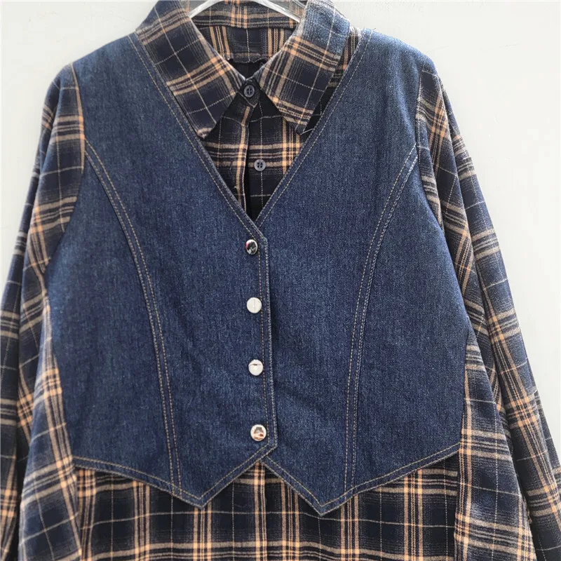 HKSH Autumn Winter New Women Shirt Fake Two-Piece Turn-Down Collar Long Sleeve Plaid Spliced Contrast Color Stylish Tops HK10042