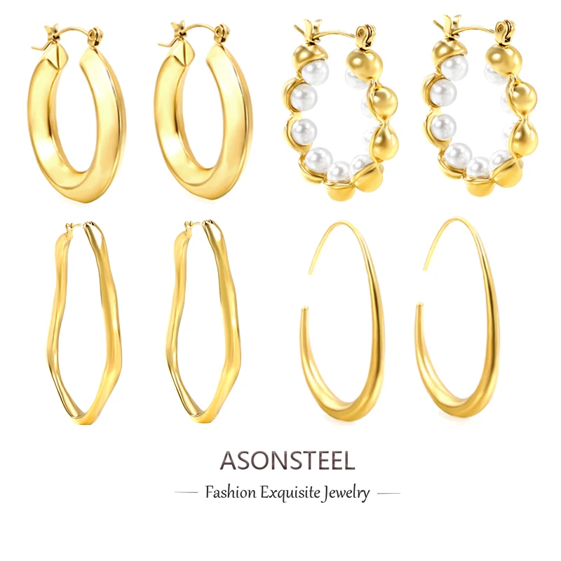 ASONSTEEL Luxury Imitaiton Pear Hoop Earrings Geometric Hollow Earrings Party Gift Golden Accessories Metal Glossy Waterproof