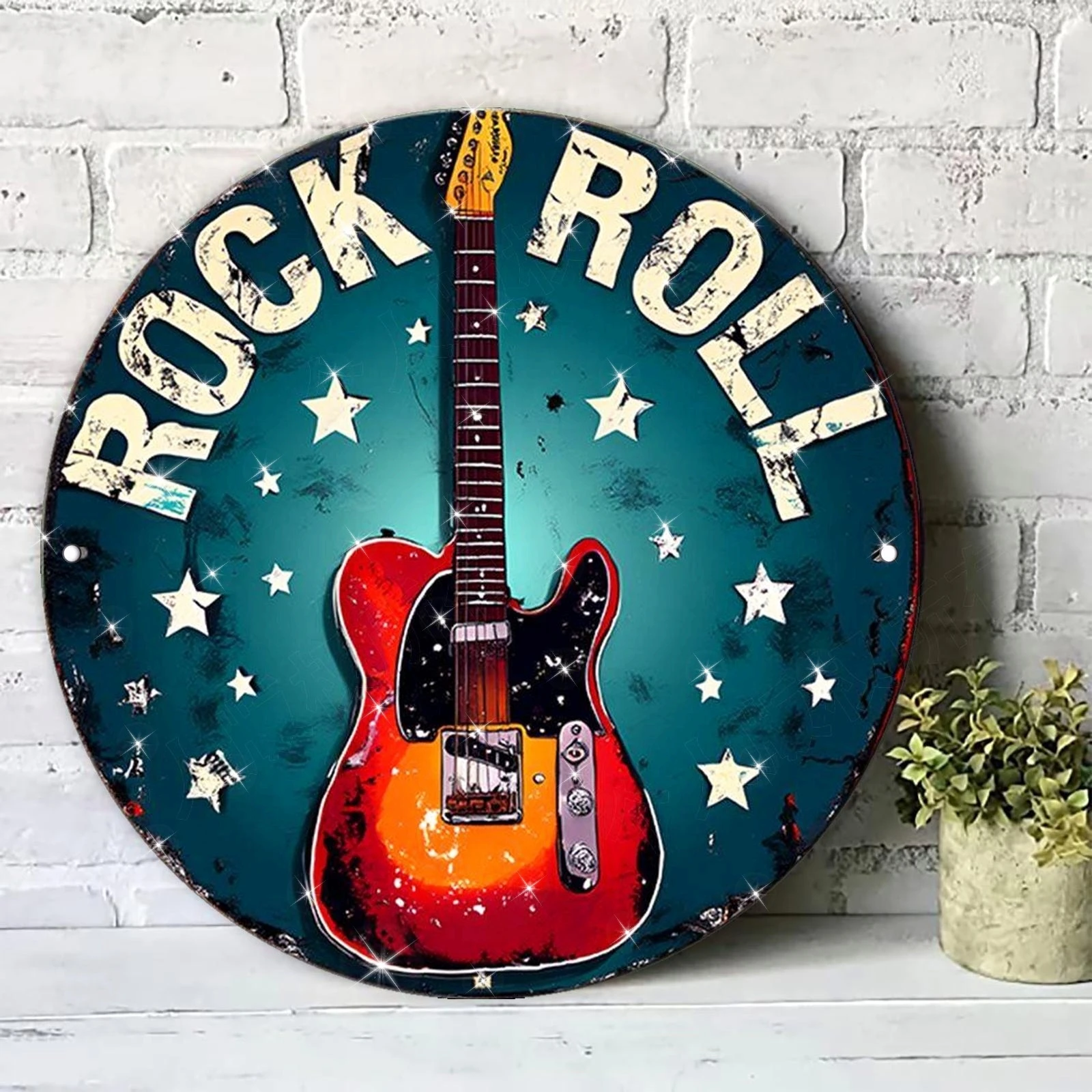 2D Flat, Vintage Rock 'N' Roll Aluminum Metal Wall Art Sign - Retro Circular Electric Guitar & Stars Design, 20x20cm/7.87x7.87in
