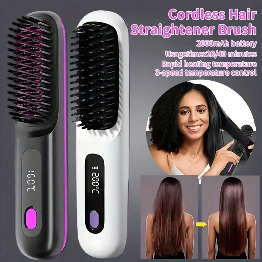 Paleshy Portable Wireless Hair Straightener Comb - USB Charging, 3-Speed Temperature Control, Negative Ion Technology, Long-Lasting Luster, LED Display Screen, Lightweight, Perfect For Travel, With Comb And Clip Included