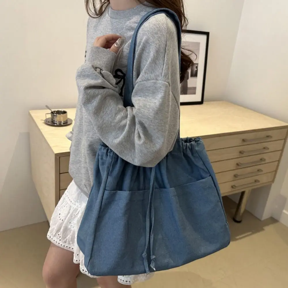 

Portable Large Capacity Oxford Drawstring Shoulder Bag Casual All-match Denim Tote Bag Leisure Cowboy Canvas Bucket Bag Travel