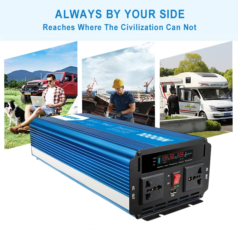 1000W 2000W Pure Sine Wave Solar Power Inverter Converter  DC 12V 24V To AC 110V 220V   W/LCD