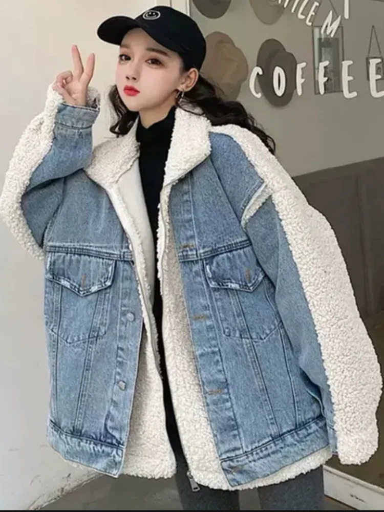 Cowboy Splicing Lamb Wool Jacket Women Outwear 2024 Autumn Winter New Korean Loose Leave Two Pieces Plus Velvet Warm Cotton Coat