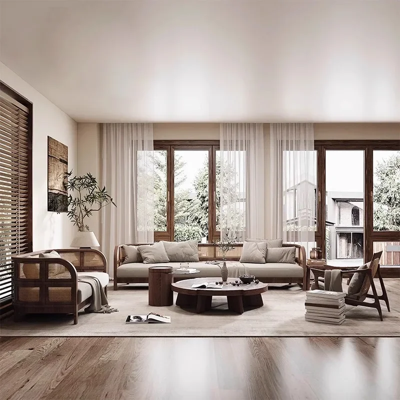 Designer Solid Wood Sofa Retro Living Room Card Seat Hotel Lob By Reception Negotiation Rattan Sofa Table