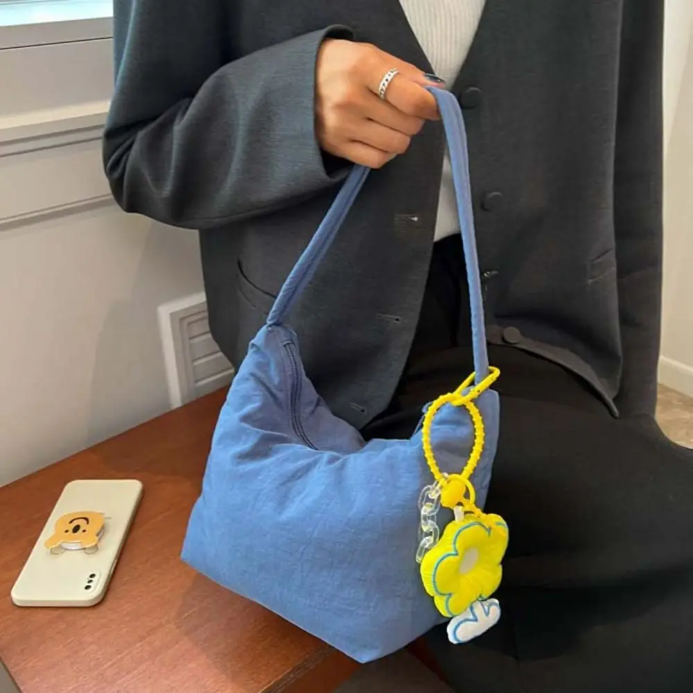 Korean Style Solid Color Hand Bag Dumplings Bag with Flower Pendant Light Soft Nylon Bag Tote Bag Zipper Shoulder Bag Women