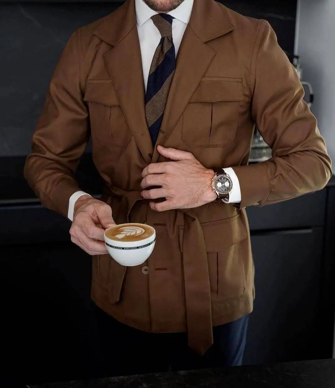 Vintage Italian Mens Belted Blazer Brown Summer Safari With Belt Outdoor Linen Suit Hunting Jacket Daily Commute Semi Customized