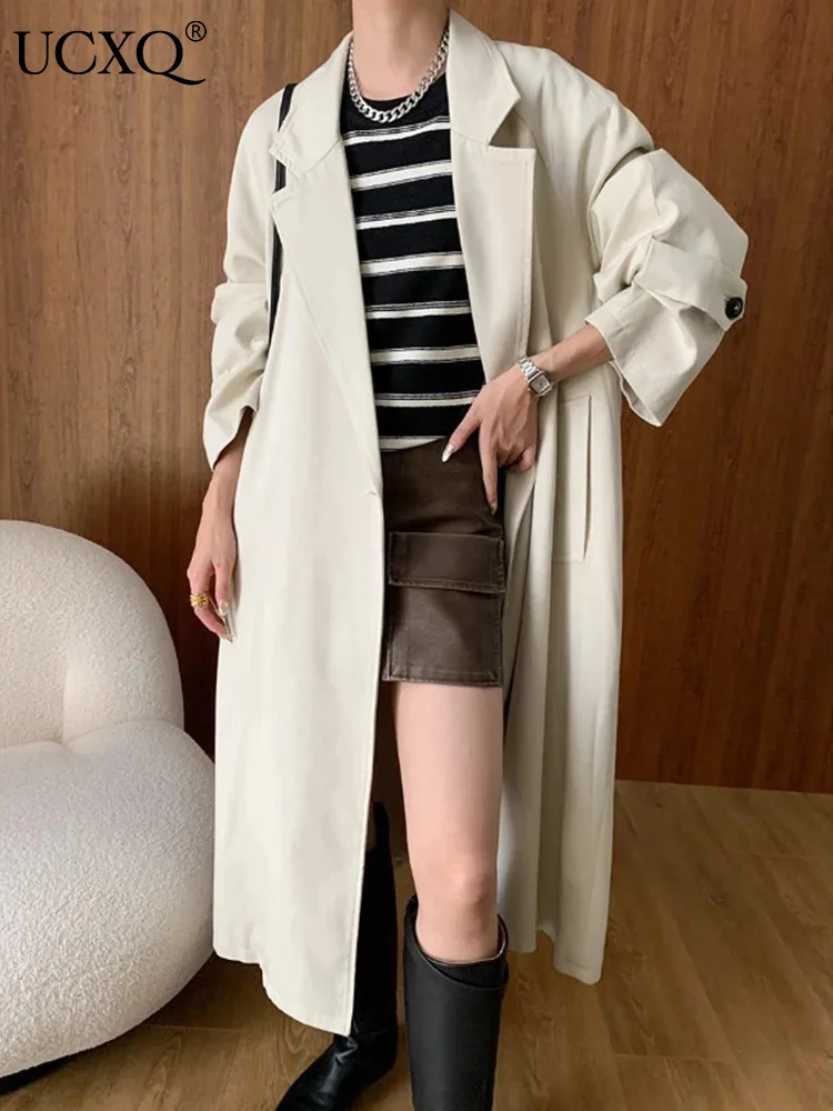 

UCXQ Elegant Long Jacket British Style Single Button Lace Up Loose All Match Fashion Trench Coat Women 2024 Spring Autumn 3A9808