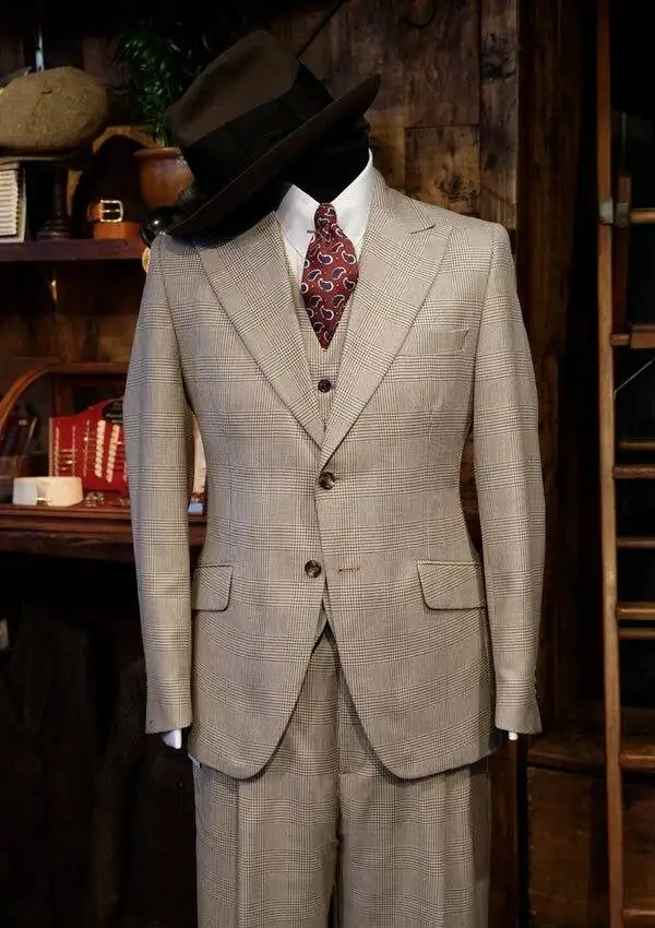 Men 3 Pieces Classic Houndstooth Suit Peak Lapel Gentle Tailored Vintage Jacket Brazer Waistcoat Wide Leg Trousers Customized